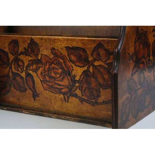 175 - Early 20th century wooden stationery rack decorated to the front an sides with roses and foliage, 25... 