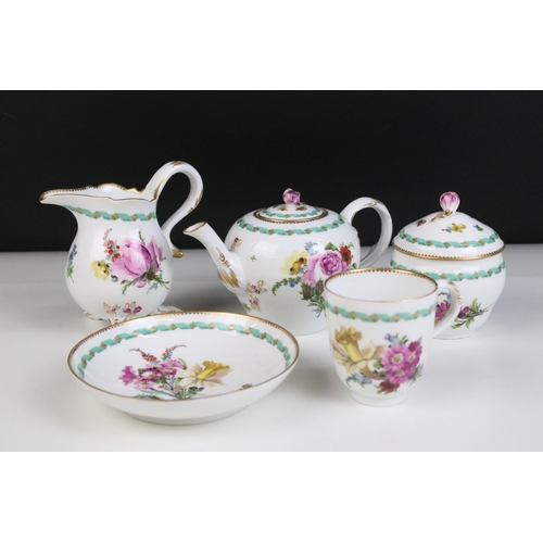 28 - Hand painted tea pot, plate, milk jug and cup in the Miessen style with floral, ribbon border and gi... 