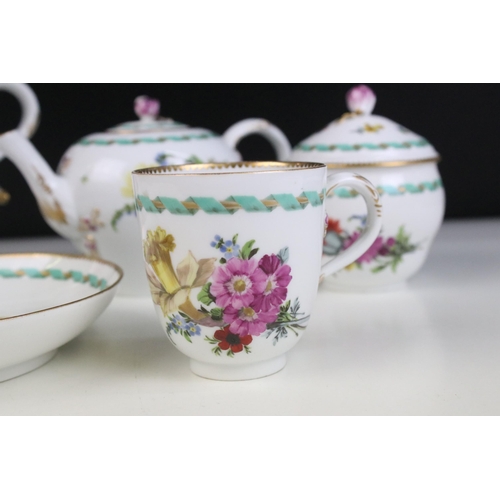 28 - Hand painted tea pot, plate, milk jug and cup in the Miessen style with floral, ribbon border and gi... 