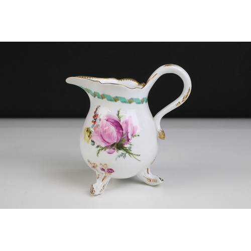 28 - Hand painted tea pot, plate, milk jug and cup in the Miessen style with floral, ribbon border and gi... 