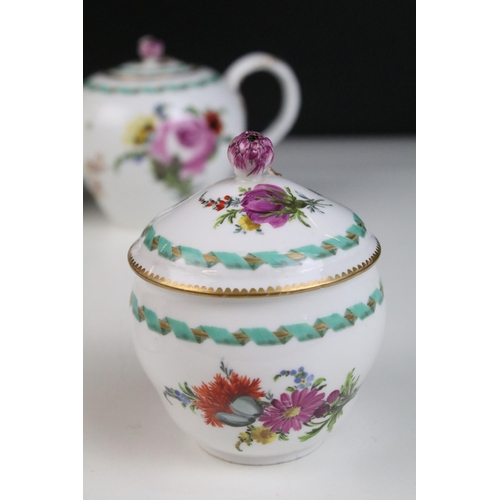 28 - Hand painted tea pot, plate, milk jug and cup in the Miessen style with floral, ribbon border and gi... 