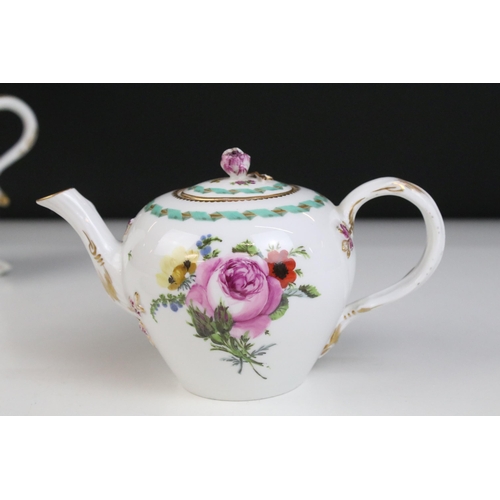 28 - Hand painted tea pot, plate, milk jug and cup in the Miessen style with floral, ribbon border and gi... 