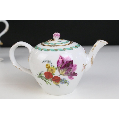 28 - Hand painted tea pot, plate, milk jug and cup in the Miessen style with floral, ribbon border and gi... 