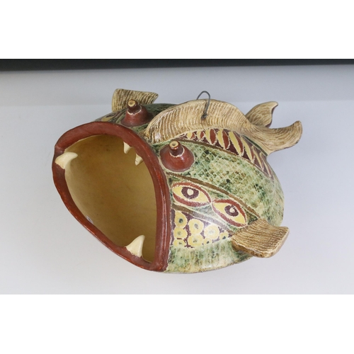 9 - Large pottery hand painted model of a fish with open mouth.