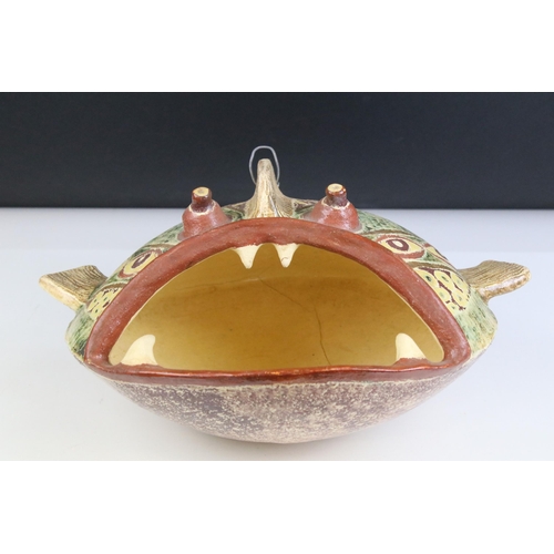 9 - Large pottery hand painted model of a fish with open mouth.