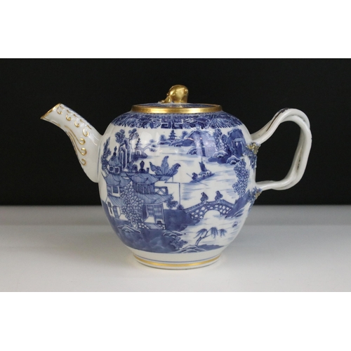 36 - Blue and white Chinese tea set with landscape decorations, ornate border and gilt finish comprising ... 