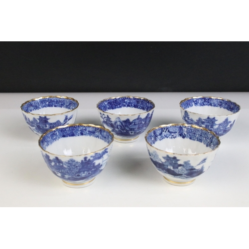 36 - Blue and white Chinese tea set with landscape decorations, ornate border and gilt finish comprising ... 