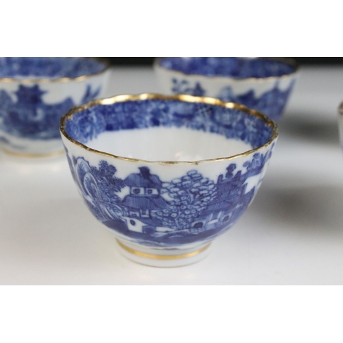 36 - Blue and white Chinese tea set with landscape decorations, ornate border and gilt finish comprising ... 