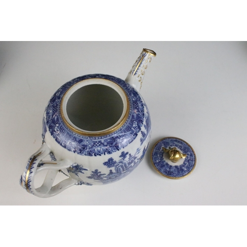 36 - Blue and white Chinese tea set with landscape decorations, ornate border and gilt finish comprising ... 