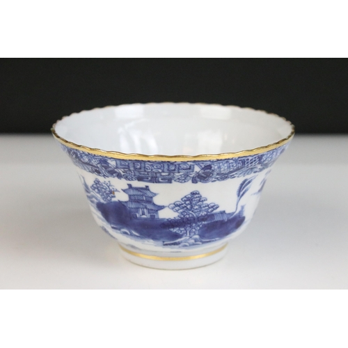 36 - Blue and white Chinese tea set with landscape decorations, ornate border and gilt finish comprising ... 