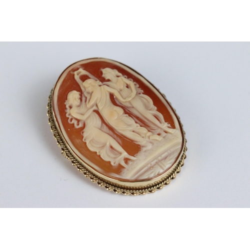 103 - A 9ct gold cameo brooch together with a pair of 9ct gold earrings, 18ct gold cameo brooch and a yell... 