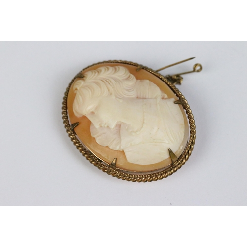 103 - A 9ct gold cameo brooch together with a pair of 9ct gold earrings, 18ct gold cameo brooch and a yell... 