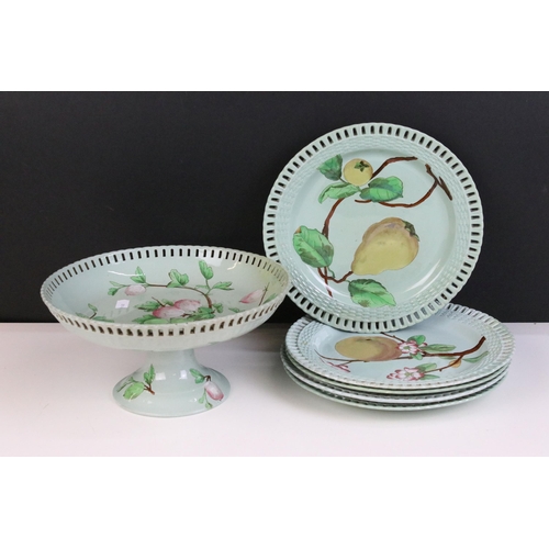 35 - Mintons dessert set comprising of pedestal ribbon cake stand and five plates all printed and painted... 