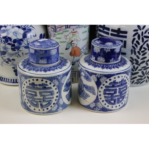 54 - Selection of blue and white ceramic ginger jars in varying shapes and sizes, signed with character m... 