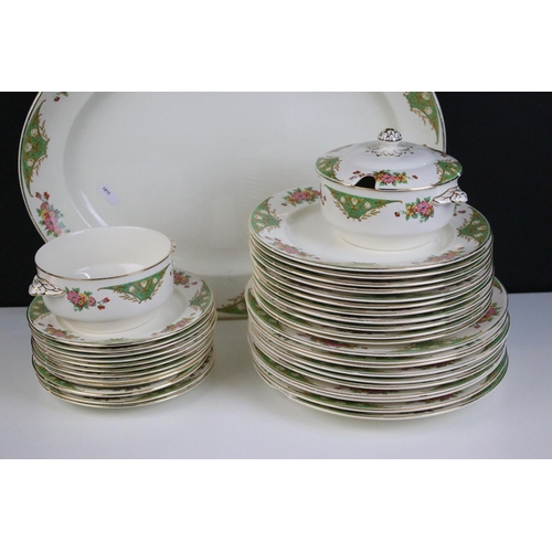 58 - Shelley green and floral tea set comprising of sugar bowl, milk jug, six tea cups and saucers, cake ... 