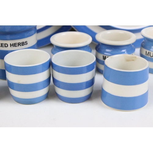 61 - Collection of mainly T.G Green blue and white stripe Cornish Ware to include large lidded jar, two m... 