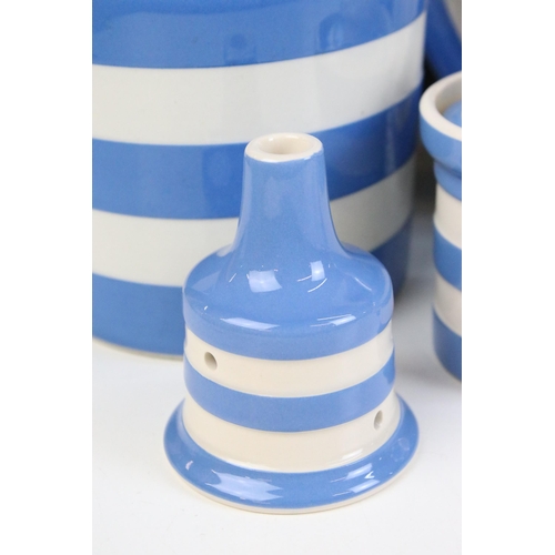 61 - Collection of mainly T.G Green blue and white stripe Cornish Ware to include large lidded jar, two m... 