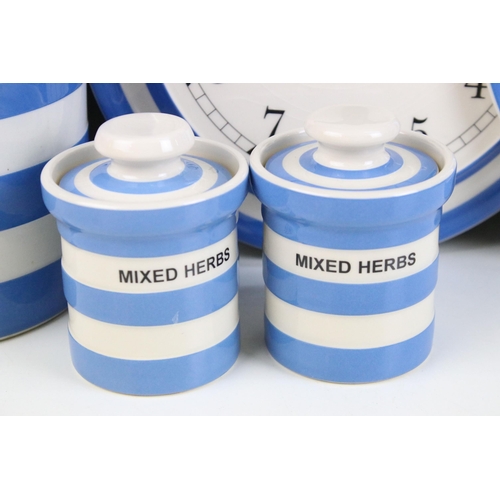 61 - Collection of mainly T.G Green blue and white stripe Cornish Ware to include large lidded jar, two m... 