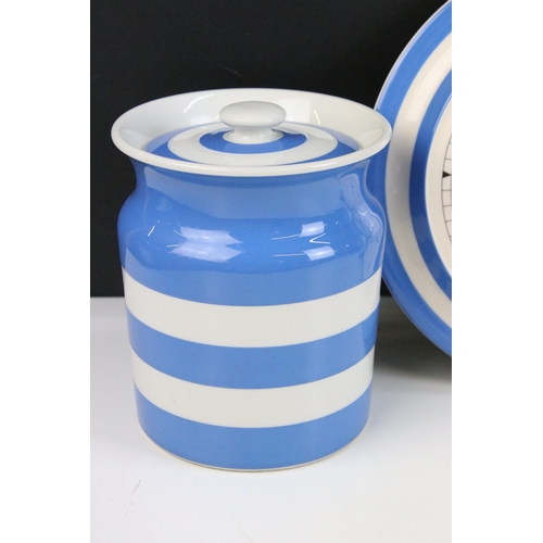 61 - Collection of mainly T.G Green blue and white stripe Cornish Ware to include large lidded jar, two m... 