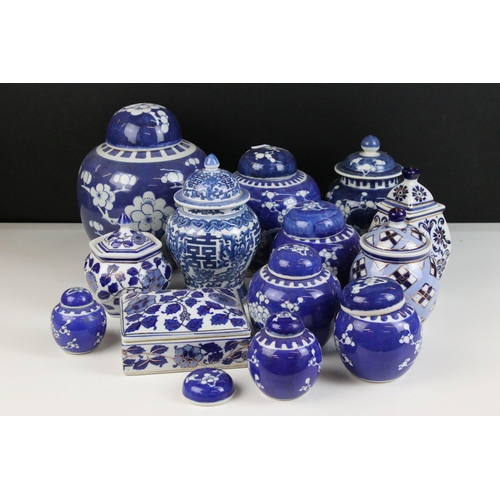 63 - Selection of blue and white ginger jars in varying shapes and sizes including cherry blossom and cha... 