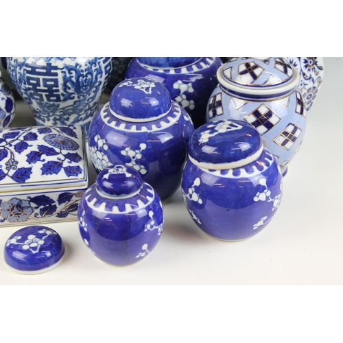 63 - Selection of blue and white ginger jars in varying shapes and sizes including cherry blossom and cha... 