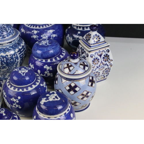 63 - Selection of blue and white ginger jars in varying shapes and sizes including cherry blossom and cha... 