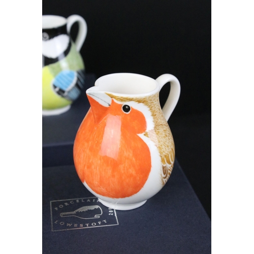 66 - Three Lowestoft Porcelain 2000 bird beak jugs hand painted by Colin Challis to include, Great Tit No... 