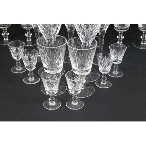 72 - Selection of glasses to include Edinburgh crystal set of five cut wine glasses, six small wine glass... 