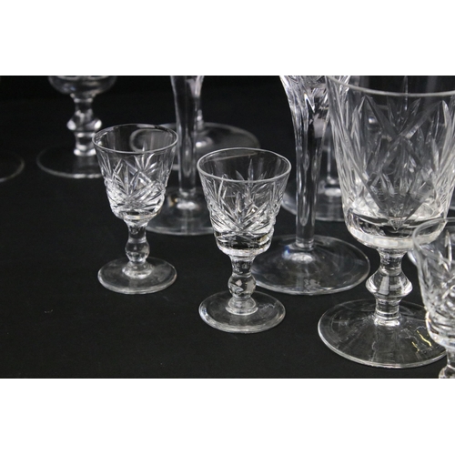 72 - Selection of glasses to include Edinburgh crystal set of five cut wine glasses, six small wine glass... 