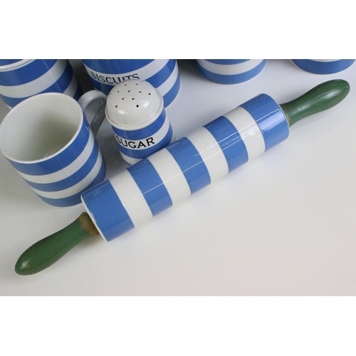 76 - Small selection of T.G.Green blue and white striped Cornish Ware items to include, rolling pin, lidd... 