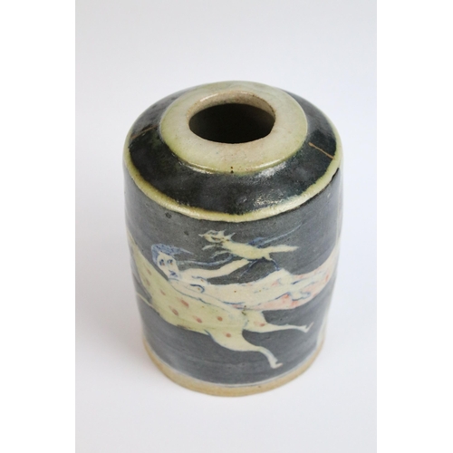 83 - A glazed ceramic barrel vase with dreamlike animal and woman motif by Eric James Mellon.