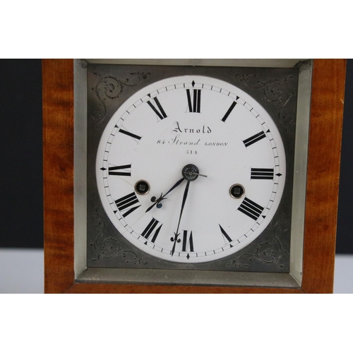 181 - 19th century satinwood mantel clock by Arnold, 84 Strand, London, No.514, with white enamelled dial ... 