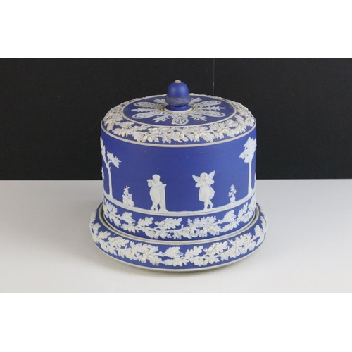 182 - Large cobalt blue Jasperware antique cheese dome and dish, three ventilation holes to top, footed ba... 