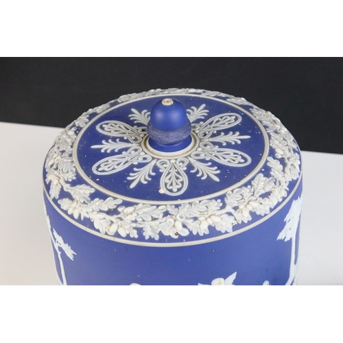 182 - Large cobalt blue Jasperware antique cheese dome and dish, three ventilation holes to top, footed ba... 