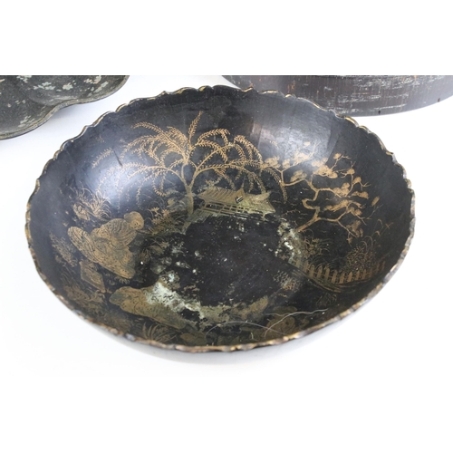 191 - Group of four mixed design oriental lacquered bowls in varying shapes and sizes, largest diameter 32... 