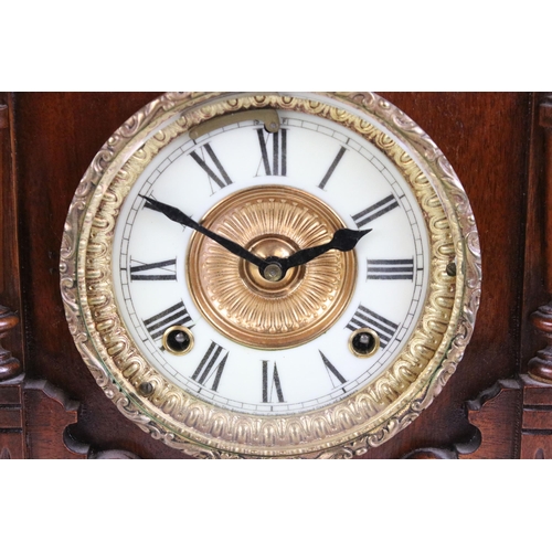 196 - Late 19th century/ early 20th century Ansonia, New York, oak cased mantel clock with carved column d... 