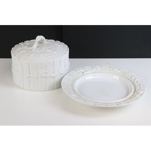 197 - Victorian Stone China, Stoke On Trent majolica rustic fence pattern Stilton cheese dish and cover, m... 