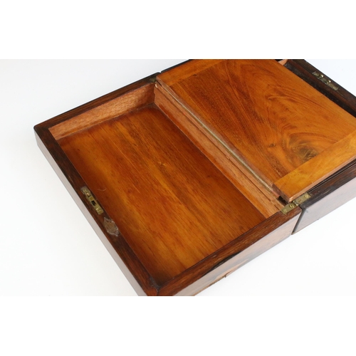 203 - Early 20th century wooden writing slope box with inlayed mother of pearl detail with an interior red... 