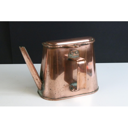 209 - 19th century copper flat back barge kettle with side handle and hinged lid, 17cm high (a/f) together... 