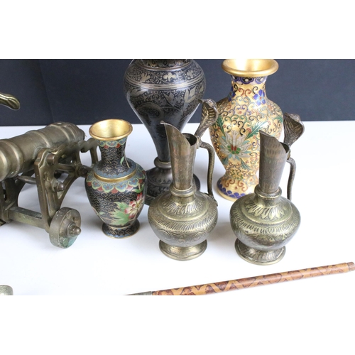 220 - Mixed brass and metalware to include rearing horse on marble plinth, smoking pipe, relief decorative... 