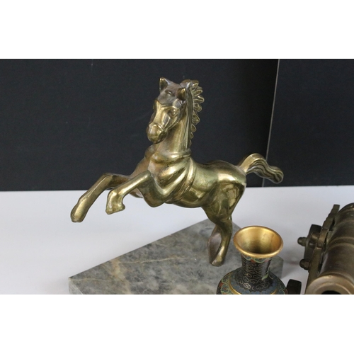 220 - Mixed brass and metalware to include rearing horse on marble plinth, smoking pipe, relief decorative... 