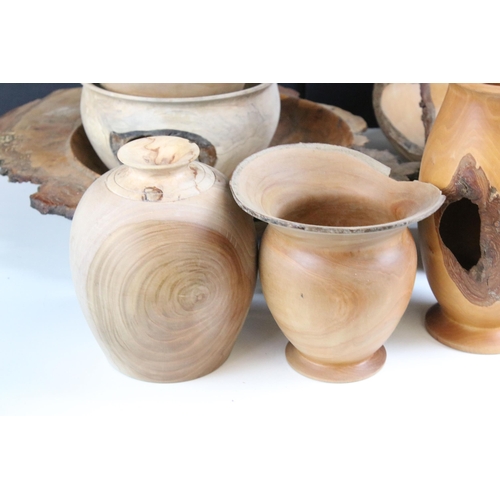 226 - Selection of natural edge wood turned bowls and vases and treen, including hawthorn, spalted holly a... 