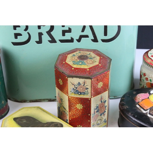 229 - Large enamel bread bin, H 32cm together with a collection of vintage metal advertising tins to inclu... 