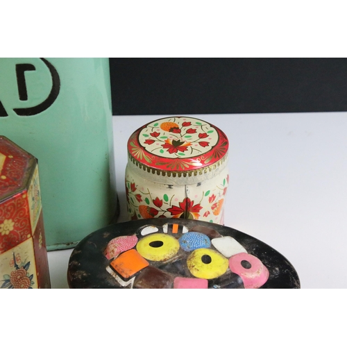 229 - Large enamel bread bin, H 32cm together with a collection of vintage metal advertising tins to inclu... 