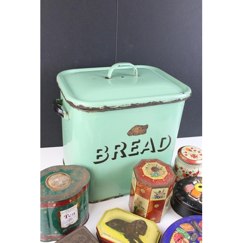 229 - Large enamel bread bin, H 32cm together with a collection of vintage metal advertising tins to inclu... 