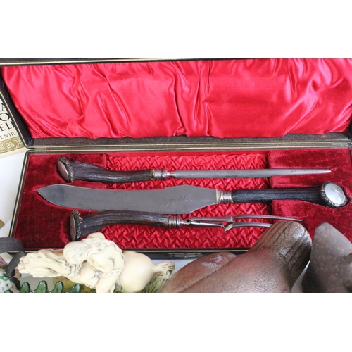 230 - Large assortment of mixed items to include antler handles carving set, King George VI & Queen Elizab... 