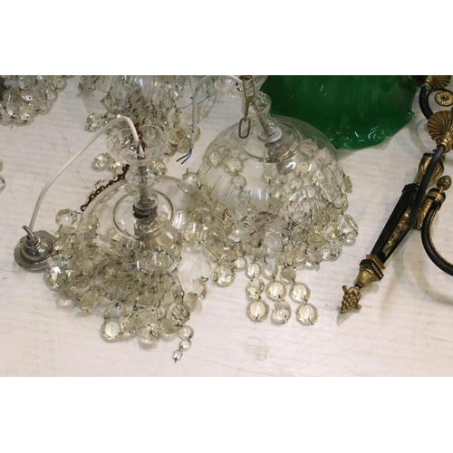 241 - Selection of light shades and fittings to include bag chandelier with glass droplets, pair of glass ... 