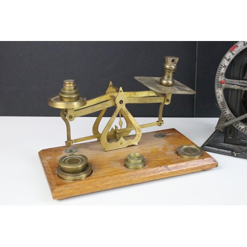 242 - Brass set of scales and weights on wooden base together with other weighing scales together with Per... 