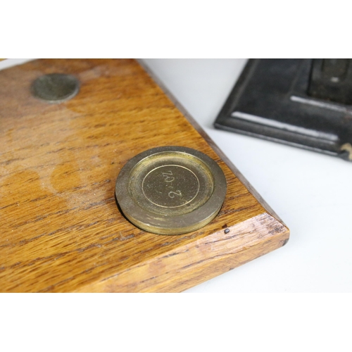 242 - Brass set of scales and weights on wooden base together with other weighing scales together with Per... 