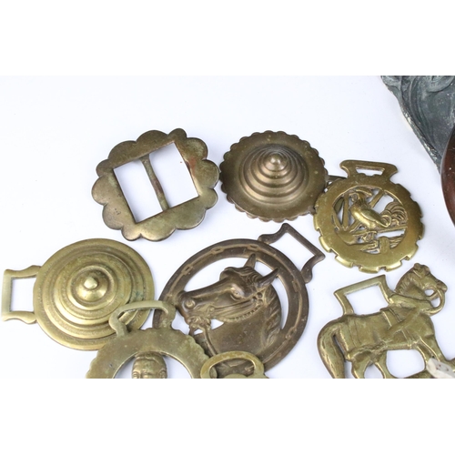 250 - WT&S cast iron lion's head mask door knocker together with a selection of horse brasses